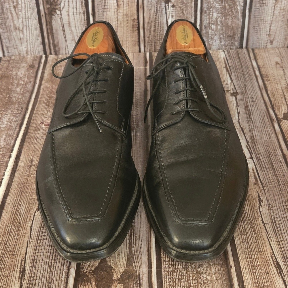 Sz 9 D Mens Santoni Black Leather Apron Square Toe Oxfords Shoes VGUC